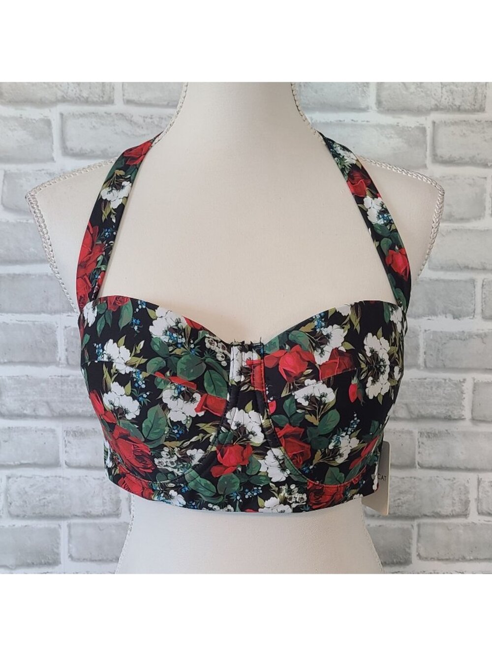 Cherry Cat Red Floral Bikini Top Retro Pinup Plus Size 2XL NEW Swim Beach